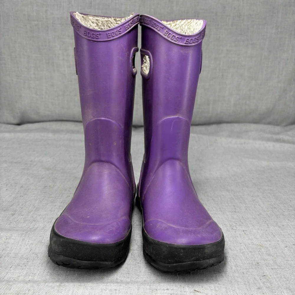 Bogs Kids Rain Boots Plush Purple Rubber Waterproof Insulated Winter Size 12